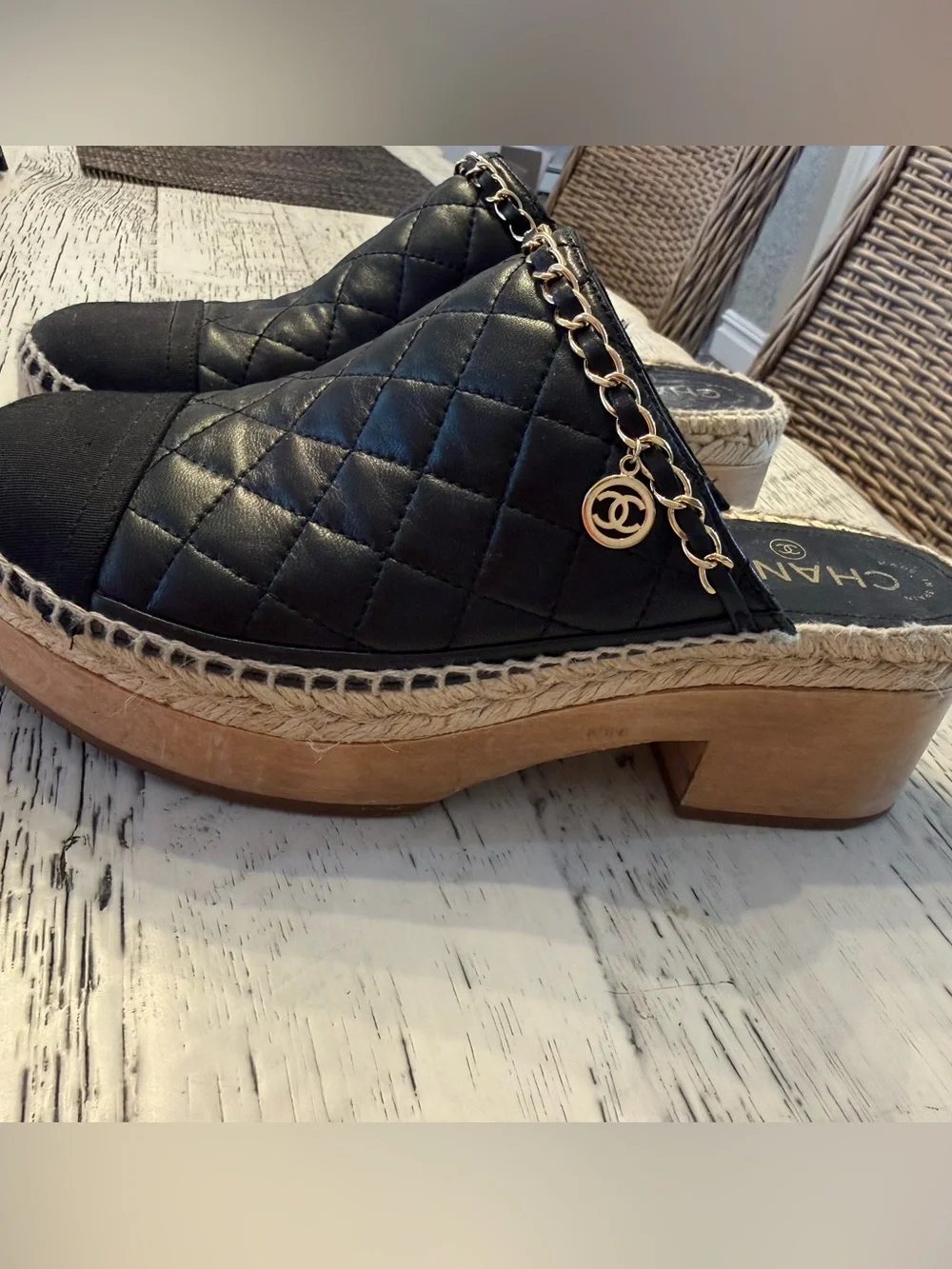 CHANEL Black Quilted Leather Clog